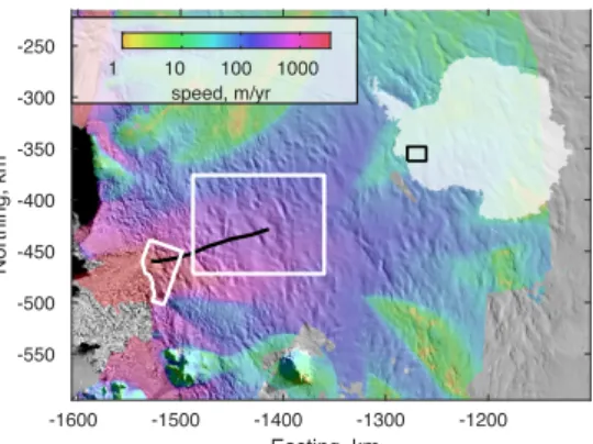 Figure 1. Location map, showing an image mosaic (Scambos and others, 2007) and surface speed (Rignot and others, 2011)