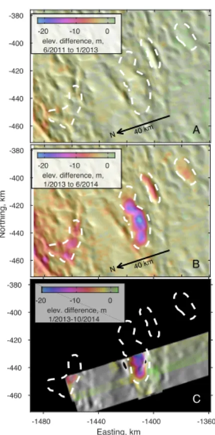 Figure 2. Elevation and elevation change for a study area around Thwaites Glacier.   A: Elevation changes between June 2011 and  January 2013
