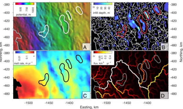 Figure 4. A: Hydropotential map derived from the June, 2011 surface elevation map and our basal topography map