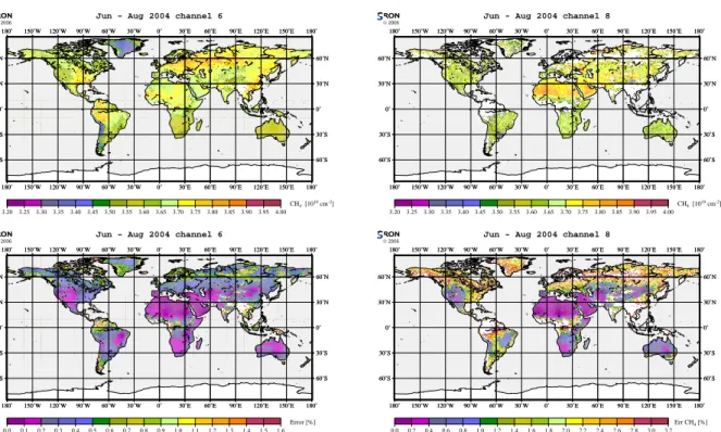 Fig. 1. Three-month methane averages obtained from the 1.65 µm (upper left) and the 2.33 µm (upper right) windows.