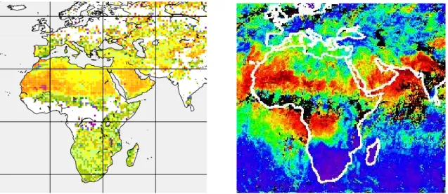 Fig. 5. Monthly average of CH 4 columns retrieved from channel 8 (left) and monthly averaged aerosol optical depth at 550 nm measured by MISR (right) for July 2004
