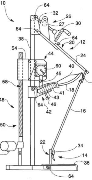 Figure 7: US5571956 (1996) knife sharpness testing machine, 60 – load cell, 16 – test material, 50 – drive motor, 30 – material tensioner