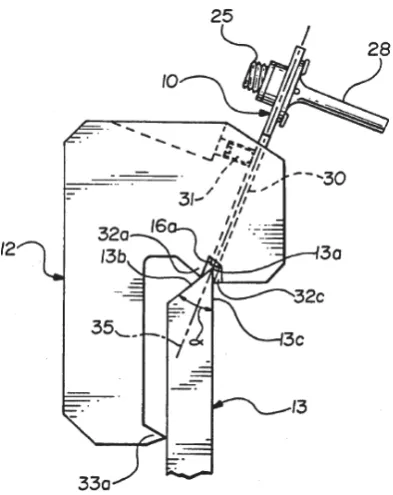 Figure 8: US5196800 (1993) Capacitance sensor probe, 13 - knife blade, 16 – capacitance probe point, 25 – probe body, 12 – sensor mount, 33a - knife guide