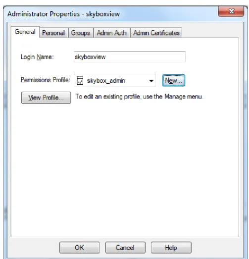 Figure 1: Check Point SmartDashboard - Administrator Properties dialog box  3  In the Administrator Properties dialog box, type skyboxview in the Login Name field