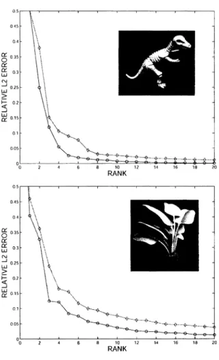 Figure 13: Model reduction: Relative I2 error versus model rank, r u  and r a , for the displacement (blue) and radiance transfer (red) models.