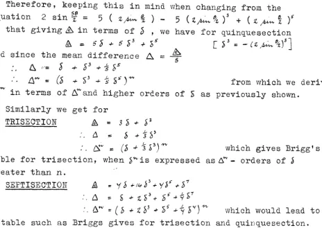 table for trisection, when $""is expressed 