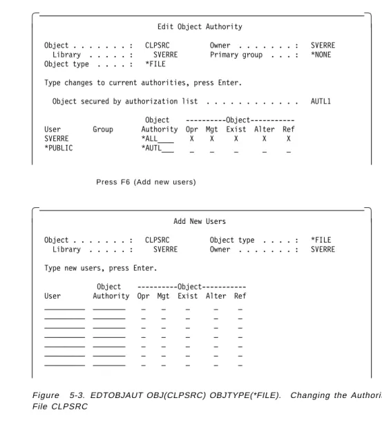 Figure 5-3. EDTOBJAUT OBJ(CLPSRC) OBJTYPE(*FILE).  Changing the Authority for the File CLPSRC