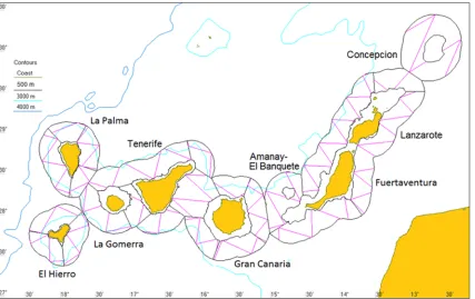 Fig 1. Survey area. Survey area indicating the names of the islands and seamounts, and showing selected isobaths, the survey blocks (black lines) and thedesigned transects (magenta lines).