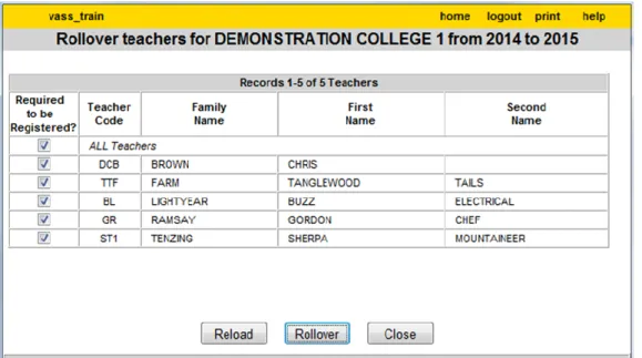 Figure 3: Rollover Teachers screen 