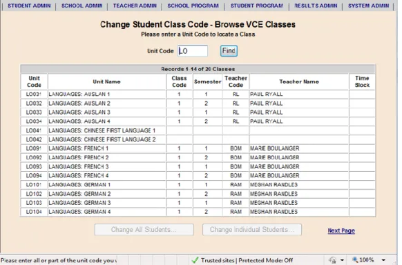 Figure 10: Change Student Class Code – Browse VCE Classes screen showing the ‘blank’ classes