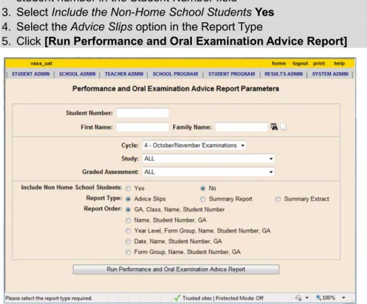 Figure 16: Performance and Oral Examination Advice Report Parameters 