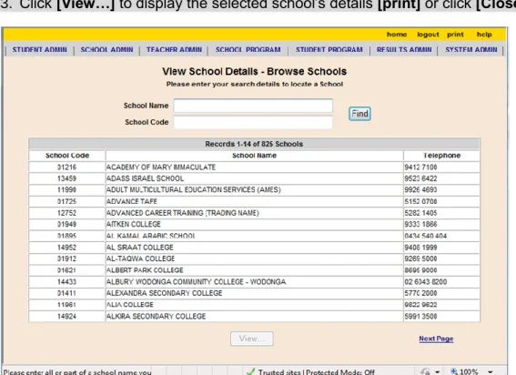 Figure 2: View School Details – Browse Schools screen. 
