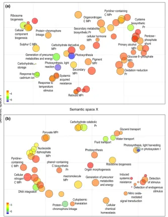 FIGURE 3REVIGOinvalue of the significance of Fisherbetween visualization of the enriched biological processes (p < .01) that are affected by differential expression (FDR < 0.05) D