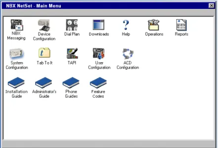 Figure 1 shows the NBX NetSet - Main Menu window, which appears  when you log on to the NBX NetSet utility.