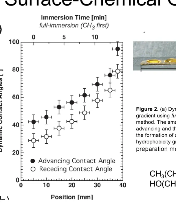 Figure 2. (a) Dynamic contact angles along a hydrophobicity gradient using full-immersion (CH3-first) as the preparation method
