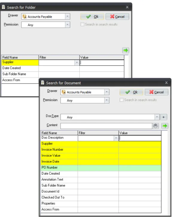Figure 4: Folder and Document Search Dialog Boxes 