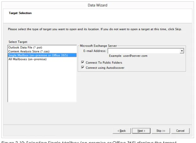 Figure 2-10: Selecting Single Mailbox (on-premise or Office 365) displays the target Microsoft Exchange Server