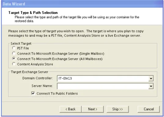Figure 4-8. Selecting Connect To Exchange Server (All Mailboxes) brings up the target  Exchange Server section.