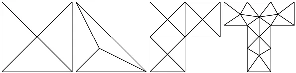 Fig. 7.1: The initial meshes used for Examples 7.1, 7.2, 7.3 and 7.4.