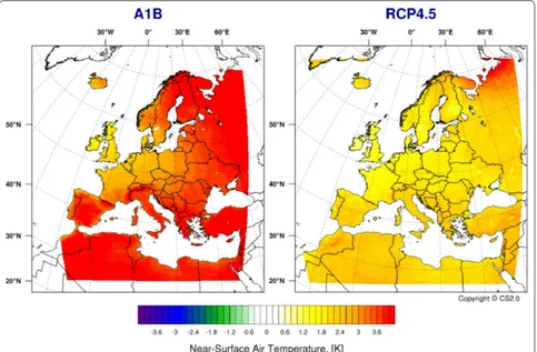 Fig. 4 Projected changes of annual mean of near‑surface air temperature [K] for the period of 2071–2100 compared to 1961–1990 for different emission scenarios A1B (left panel) and RCP4.5 (right panel)