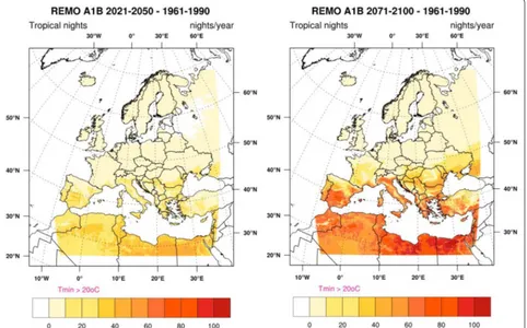 Fig. 6 Change in number of days per year with Tmin >20 °C; difference between Recent Past and the Near Future (left) and between Recent Past and Far Future (right) for A1B emission scenario