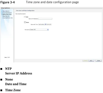 Figure 3-4 shows the Time Zone and Date Configuration page. The data entry fields and options are identified below the figure.