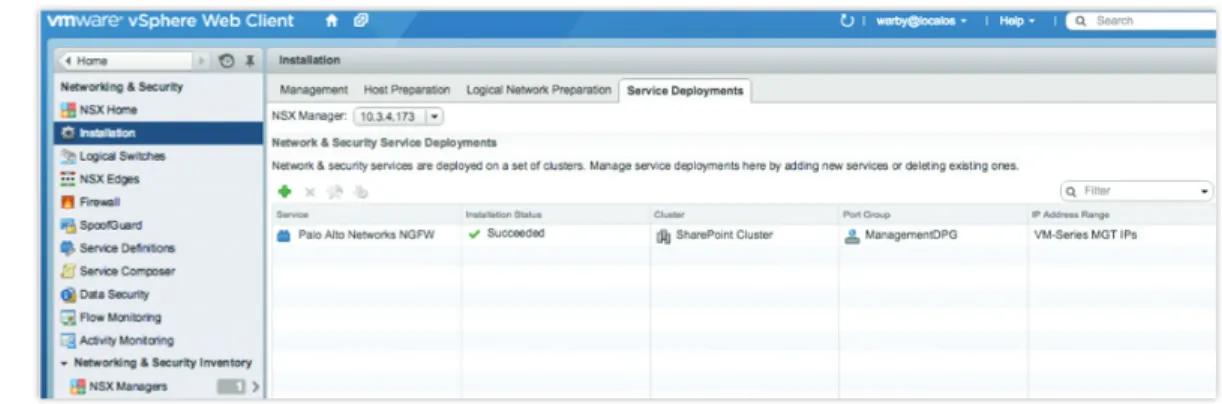Figure 8 shows a vSphere interface with the Palo Alto Networks NGFW properly registered as a service