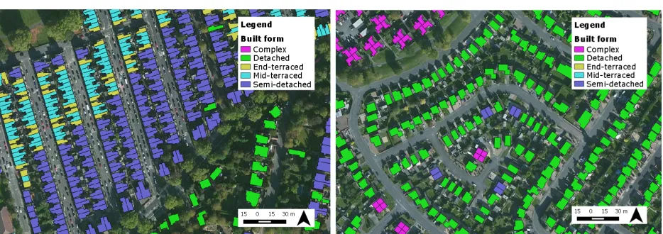 Figure 3. Map examples showing built form classification of buildings in Lenton & The Park (left) and Wollaton (right),Nottingham based on qualitative spatial reasoning © Crown Copyright and Database Right (2015)