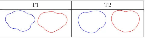 Figure 6: Comparison of elastic (blue) and nonelastic (red) shape averages of T1 and T2 tumors.