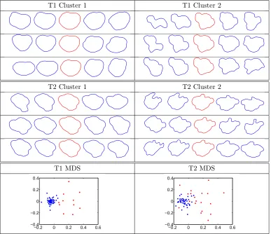 Figure 8: Cluster-wise principal directions of variation for T1 and T2 tumor shapes. In each example,we display the path within two standard deviations of the mean (red)
