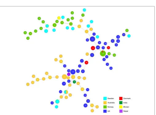 FIGURE 1 | Designation of clonal complexes. Analyses of clonal complexes using BURST (Feil et al., 2004) based on two shared loci (Feil et al., 2004)