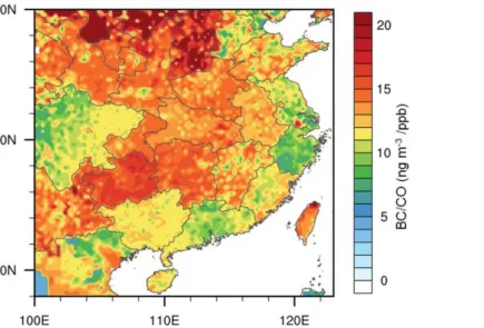 Fig. 7 Map showing spatial  distribution of BC/CO emission  ratio with grid resolution  of (0.25 o ×0.25 o ) from MIX Asian  emission  inventory (Li et al., 2015) 