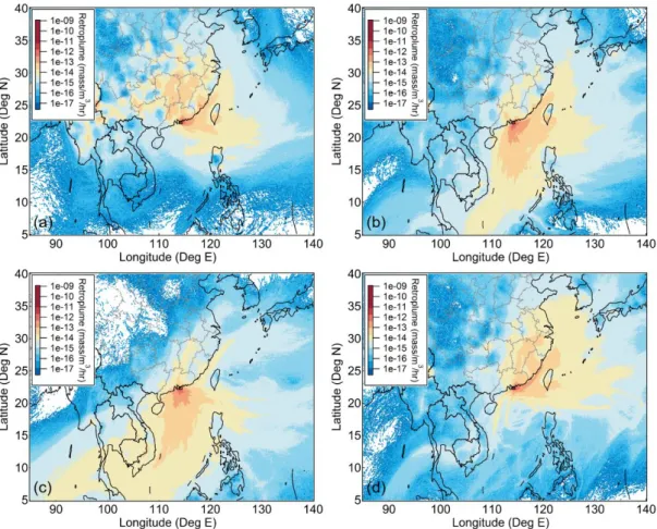 Fig. 10. Map of averaged 7-day retroplume in (a) Winter (b) Spring (c) Summer (d) Autumn 