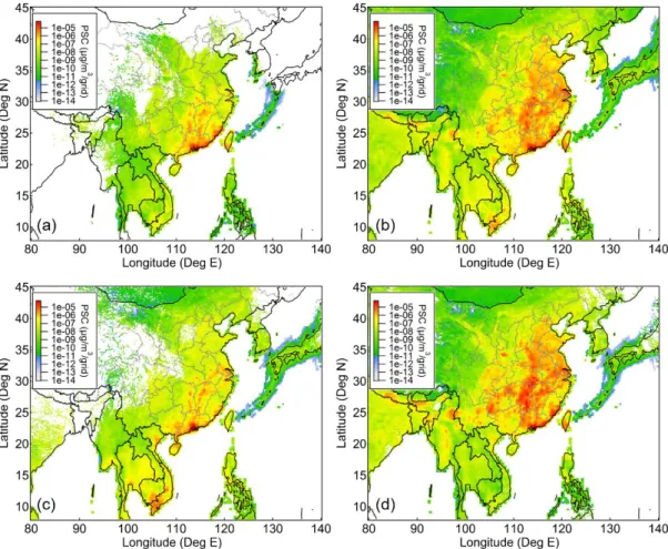 Fig. 11 (a) (b): Map of averaged potential source contribution of BC with a backward transport age of (a) 2 days, (b) 7 days for the  whole measurement period; (c) (d): averaged 7-day PSC in (c) Summer, (d) Winter 