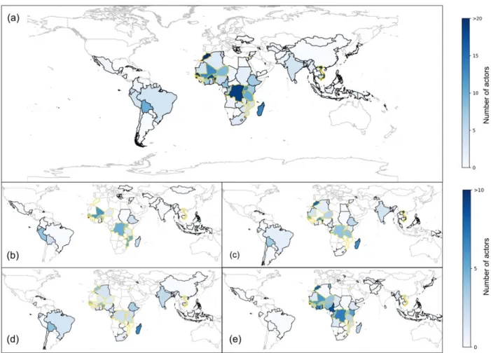 Figure 2. World maps displaying the number of respondents having had activities or projects in each developing country over the  last 10 years