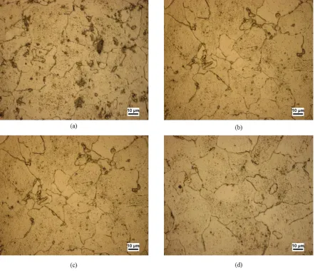 Figure 6. Optical micrographs of specimen  (a) T1, (b) T2, (c) T3 and (d) T4. 