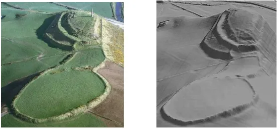 Fig. 1. The two images above show an aerial photograph (left) and a virtual 3D model created with LiDAR data