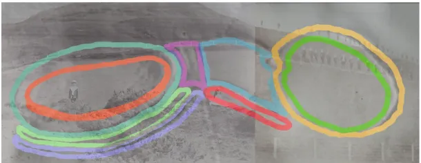 Fig. 2. Features of the hill-fort outlined as control zones, historical images added to support ideation