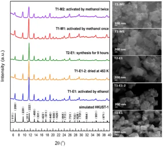 Fig. 1. XRD patterns and SEM images of the samples synthesized under diﬀerent reaction conditions.