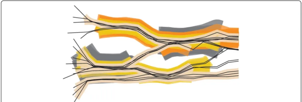 Figure 3 (after [127]). Progression of a set of trajectories through time (represented as horizontal axis and progression is from left to right).Colours indicate groupings of various sizes based on location and proximity of moving objects at that moment