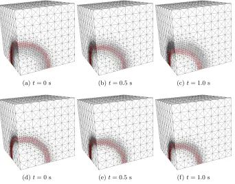 Fig. 13. Mesh after 20 reﬁnement iterations with superimposed solution at times  0 s, 0.5 s,