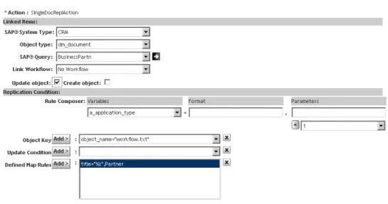 Figure 7. A Replicate SAP action configuration to replicate the title of the document with  the Business Partner attribute 