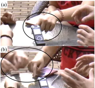 Fig. 10. (a) Chen points to space where audio recorder was, first with left, (b) then with right hand 