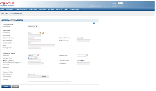 Figure 3.2: Mutual Fund Order Capture – Redemption Screen Screen Navigation: 