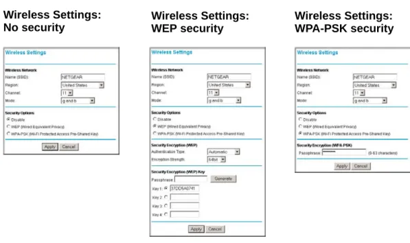 Figure 3-5:  Wireless Settings screens