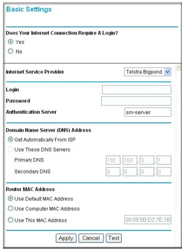 Figure 3-10:  Telstra Bigpond Cable menu