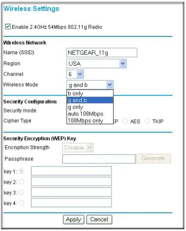 Figure 4-3:  Wireless 802.11g Settings menu