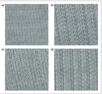 Figure 2. Knitted conductive samples used in the study: (a) Single Jersey; (b) SP27; (c) SP29; (d) SP31 (� Footfalls & Heartbeats (UK)Limited).