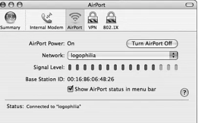 FIGURE 5.6 When you connect your Mac to the Windows Home Server network via wireless, the AirPort tab shows the connection status.