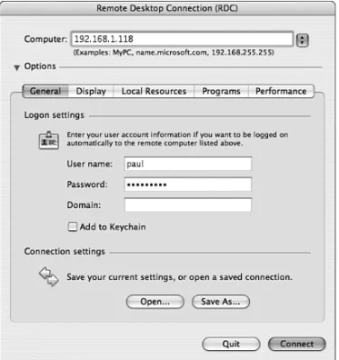 FIGURE 5.11 Click Options to expand the dialog box so that you can customize Remote Desktop.